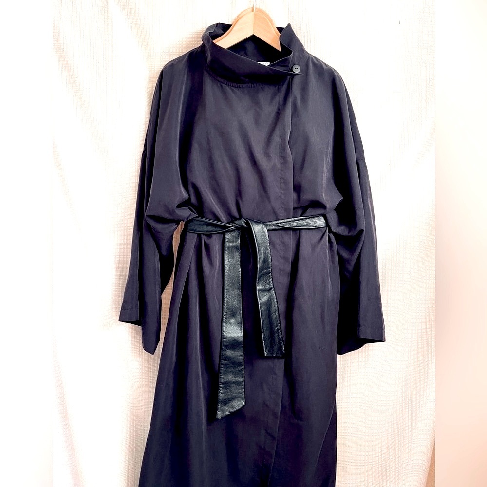 Vintage 90s Maxi Duster Coat Cinched Waist Leather Belt Dark Romance